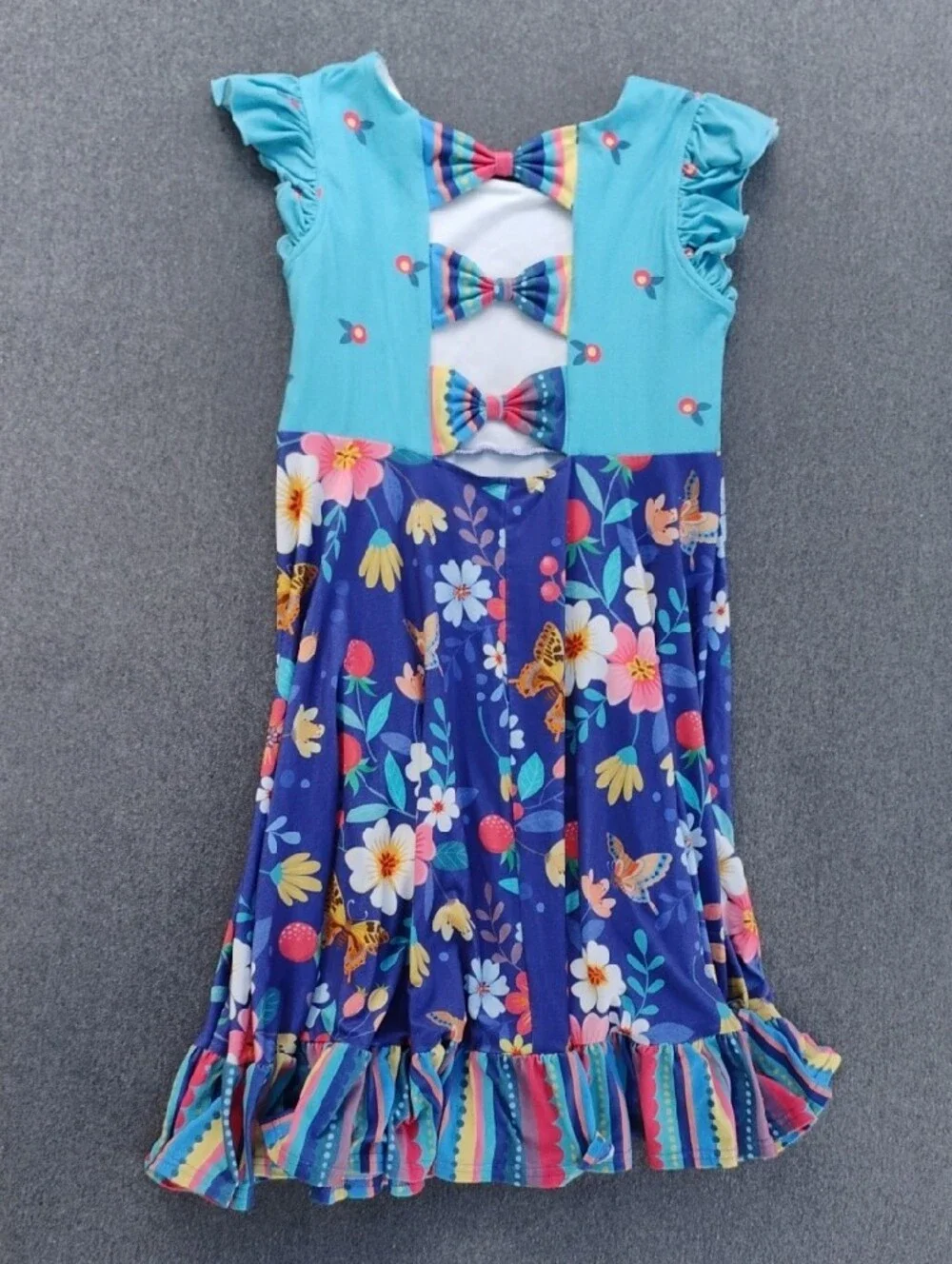 Girls Aqua & Navy Floral Ruffle Hem Casual Dress